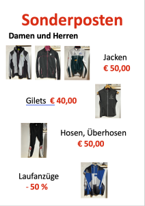 Flyer mit reduzierten Jacken, Gilets, Hosen und Laufanzügen für Damen und Herren samt Preisen