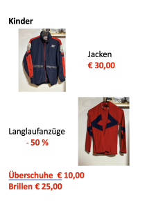 Kinderjacke in Blau-Rot und roter Langlaufanzug mit dunkelblauen Elementen nebeneinander dargestellt