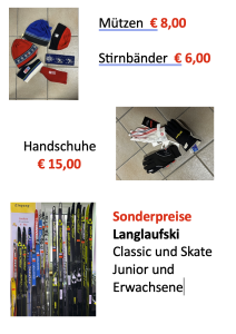 Mützen, Stirnbänder, Handschuhe und Langlaufski auf Verkaufsflächen gezeigt