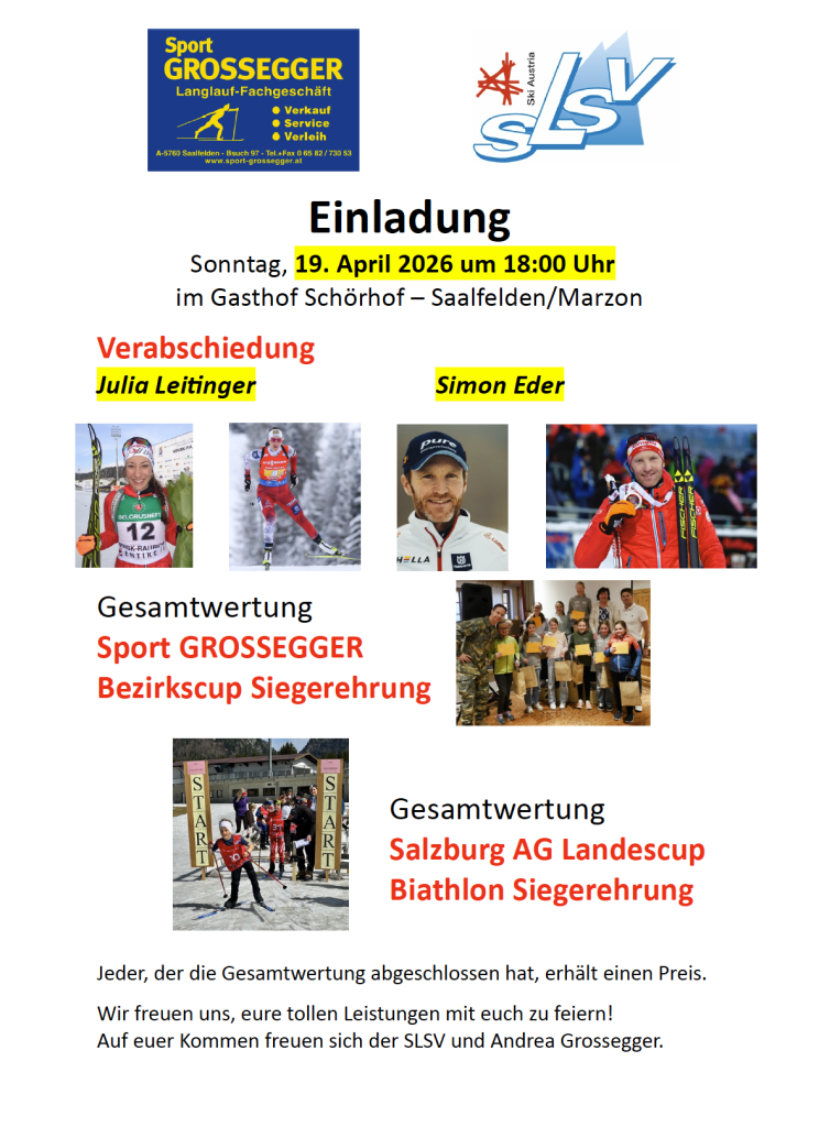 Einladungsplakat für 19. April 2026, 18:00 Uhr, Gasthof Schörhof in Saalfelden/Marzon mit Sportfotos